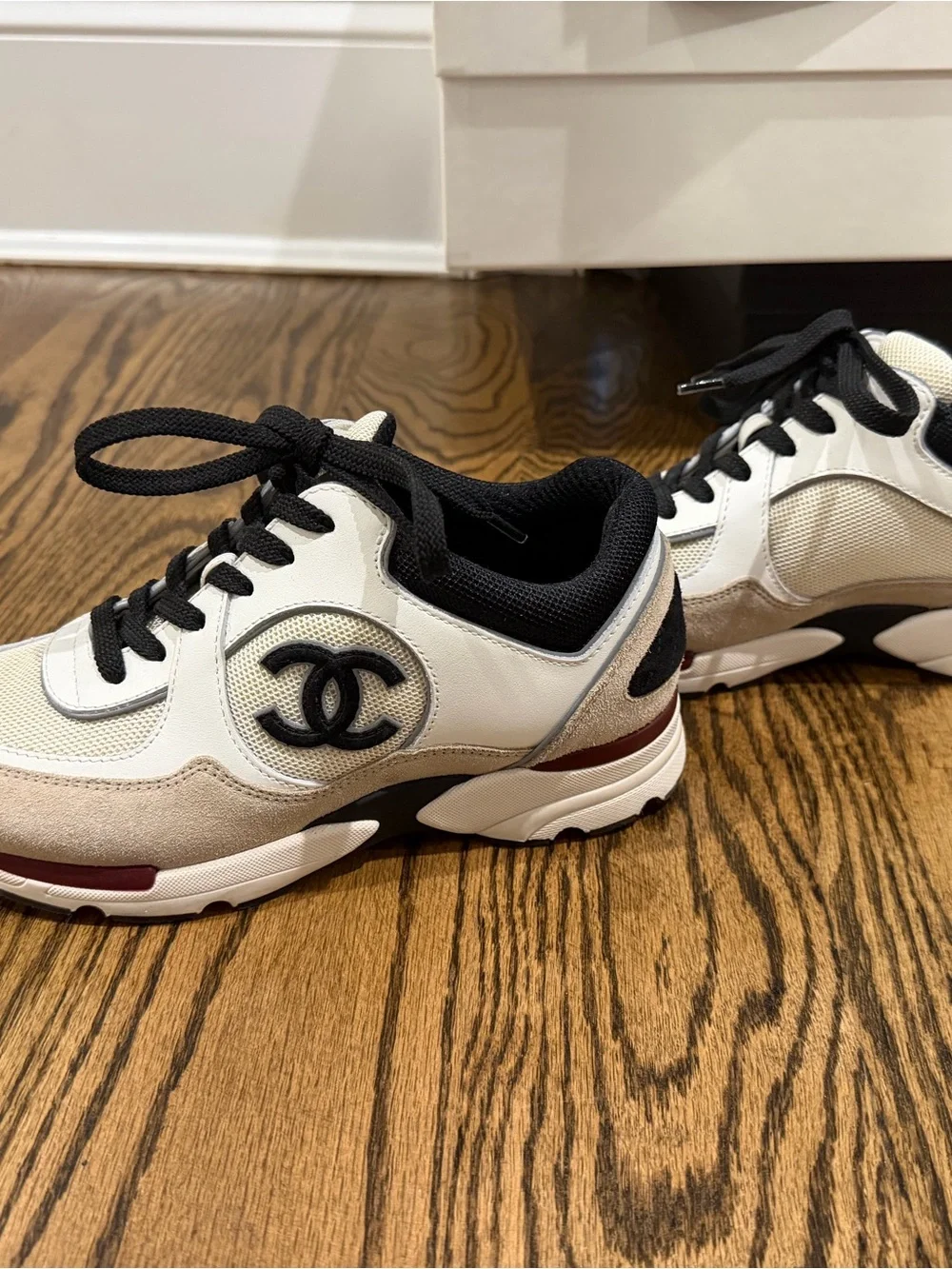 CHANEL Black, White & Beige CC Logo Lace-Up Sneakers